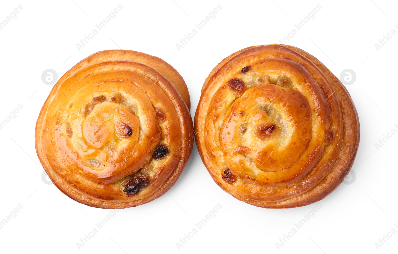 Photo of Delicious rolls with raisins isolated on white, top view. Sweet buns