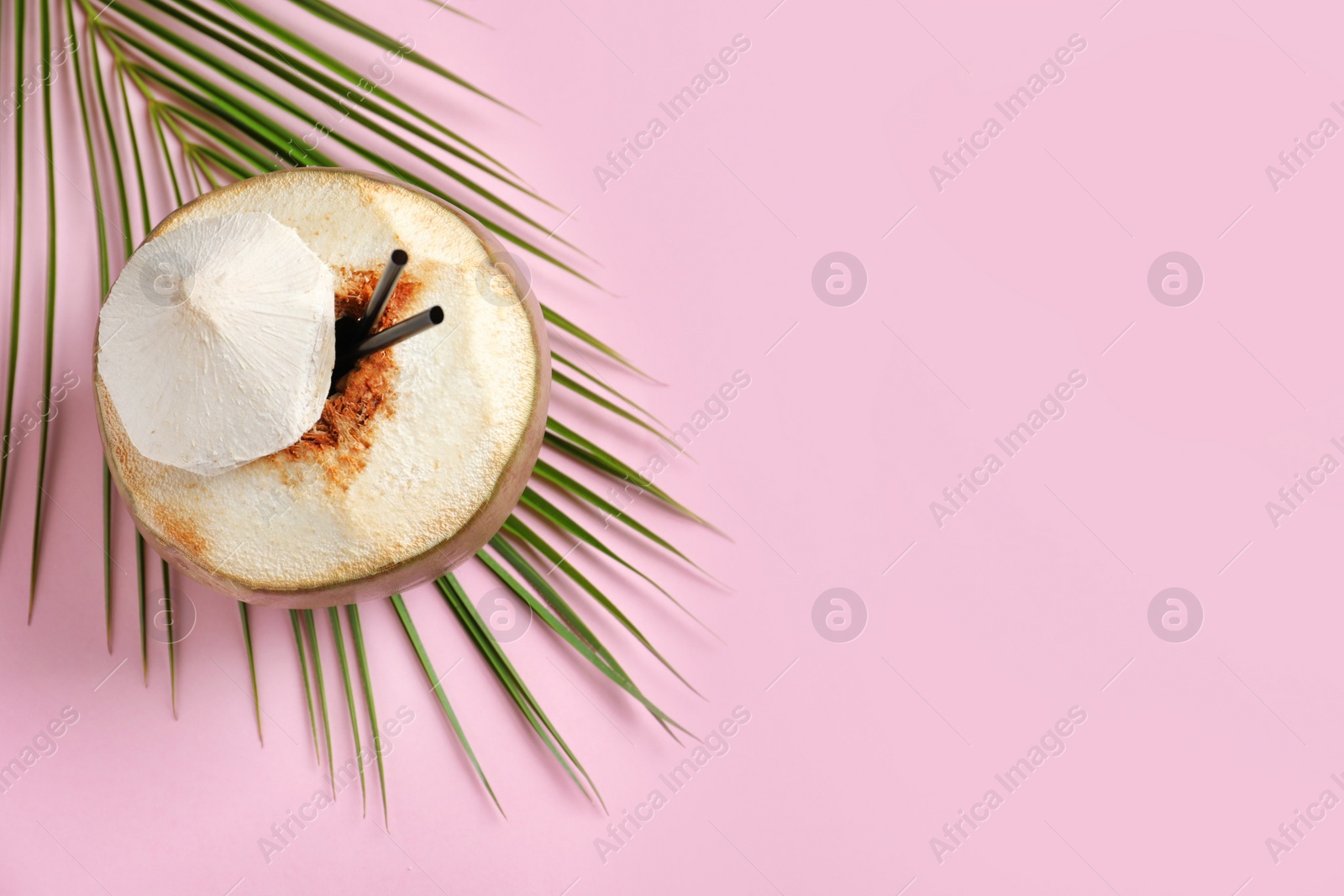 Photo of Fresh green coconut with drinking straws and palm leaf on color background