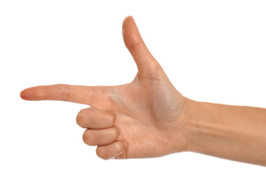 Photo of Woman making frame with hand on white background, closeup