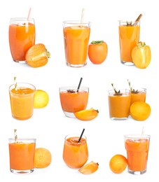 Image of Set with tasty persimmon smoothies on white background
