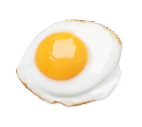 Photo of Delicious fried egg isolated on white, top view