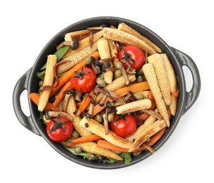 Photo of Tasty roasted baby corn with tomatoes, capers and mushrooms isolated on white, top view