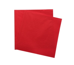 Photo of Red clean paper tissues on white background, top view