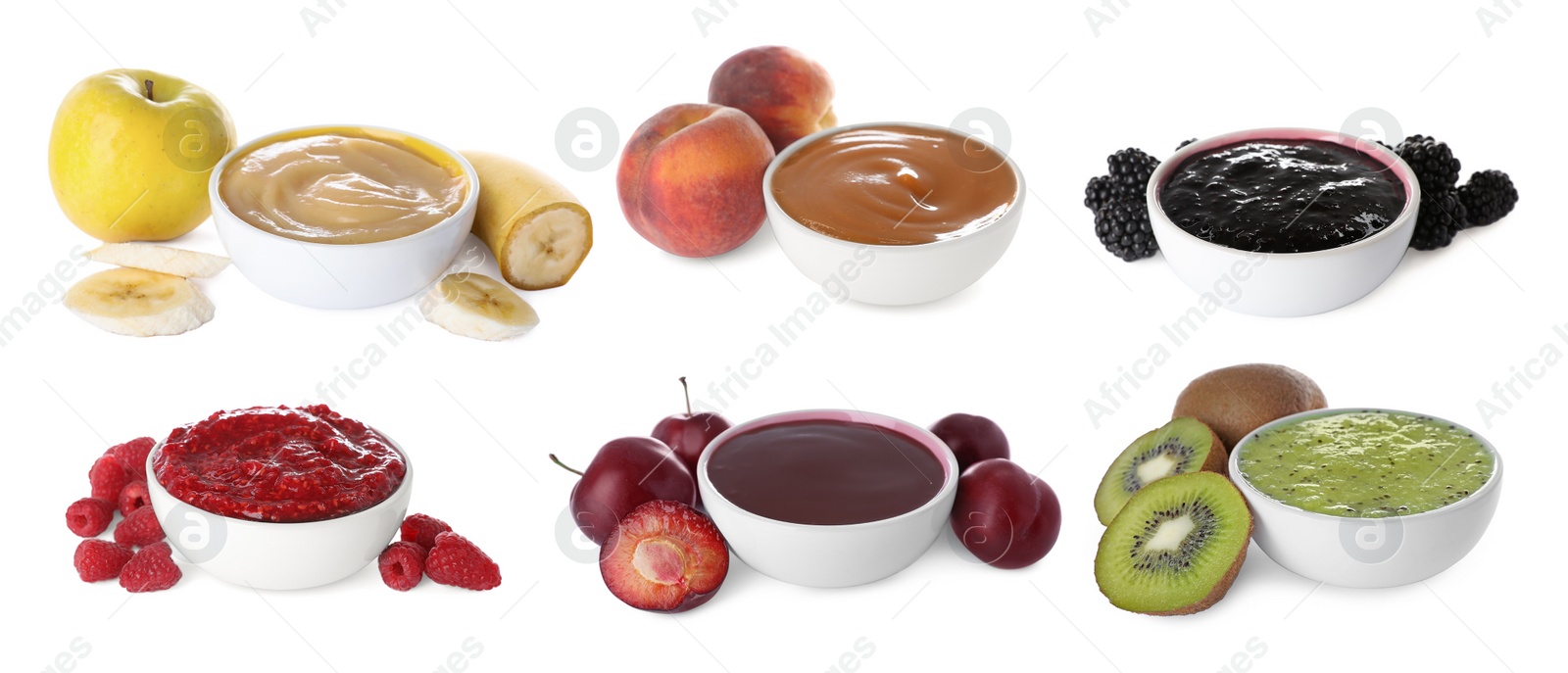 Image of Set with different tasty fruit puree on white background. Banner design