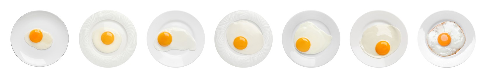 Set with tasty fried eggs on white background, top view. Banner design