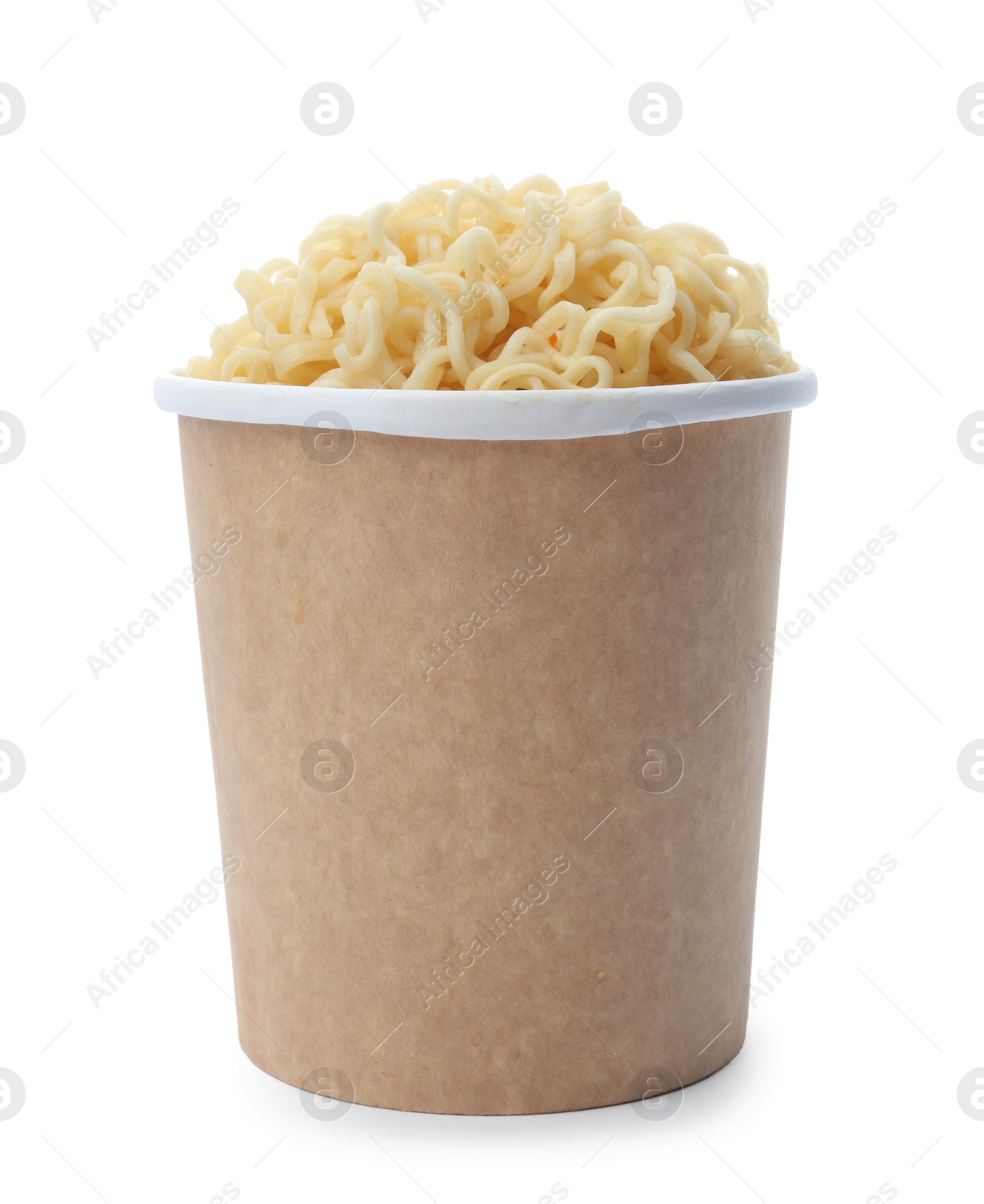 Photo of Paper cup of instant noodles isolated on white. Mockup for design