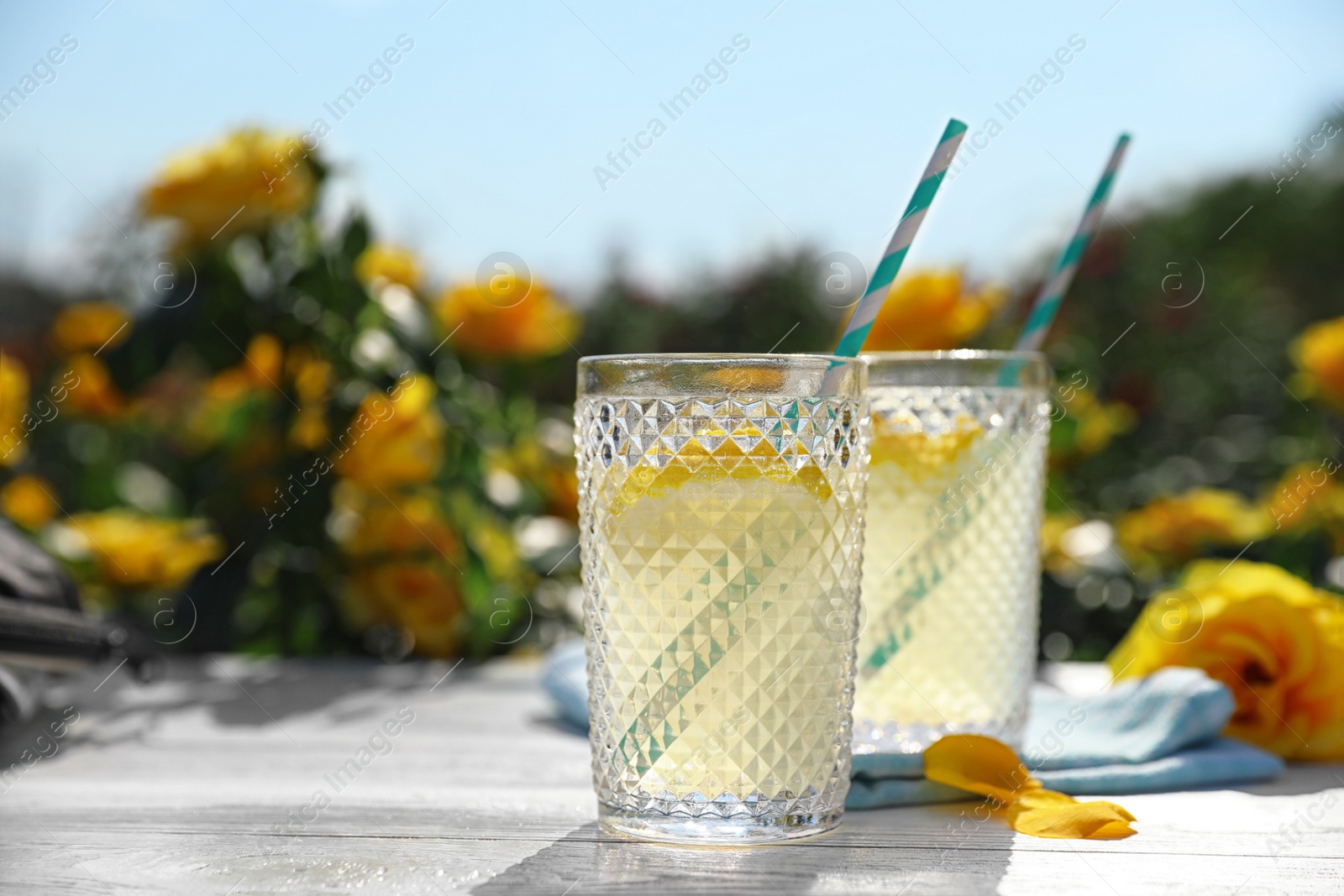 Photo of Glasses of refreshing lemonade on white wooden table in rose garden. Space for text