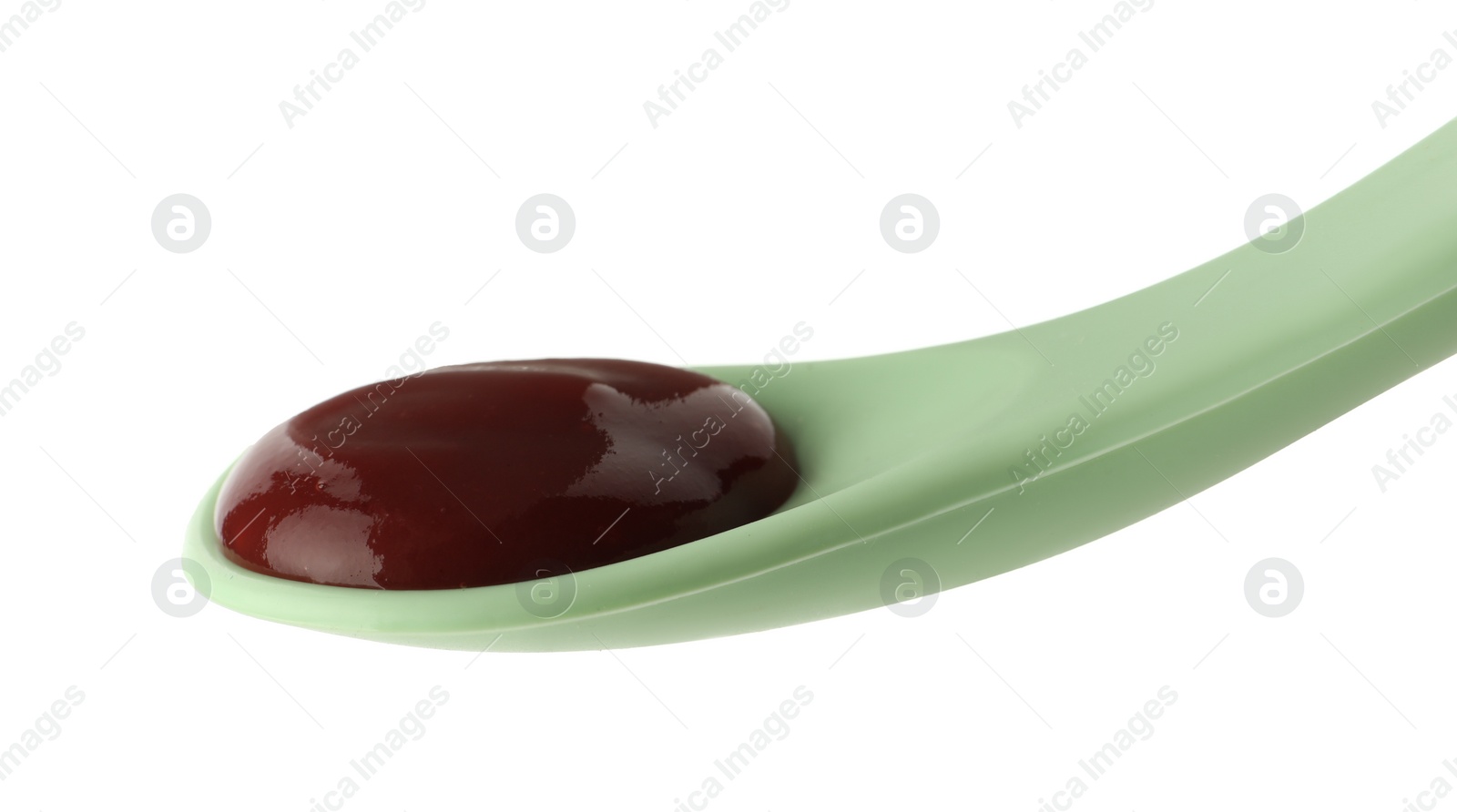 Photo of Healthy baby food in spoon isolated on white