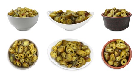 Image of Set with pickled green jalapeno peppers on white background