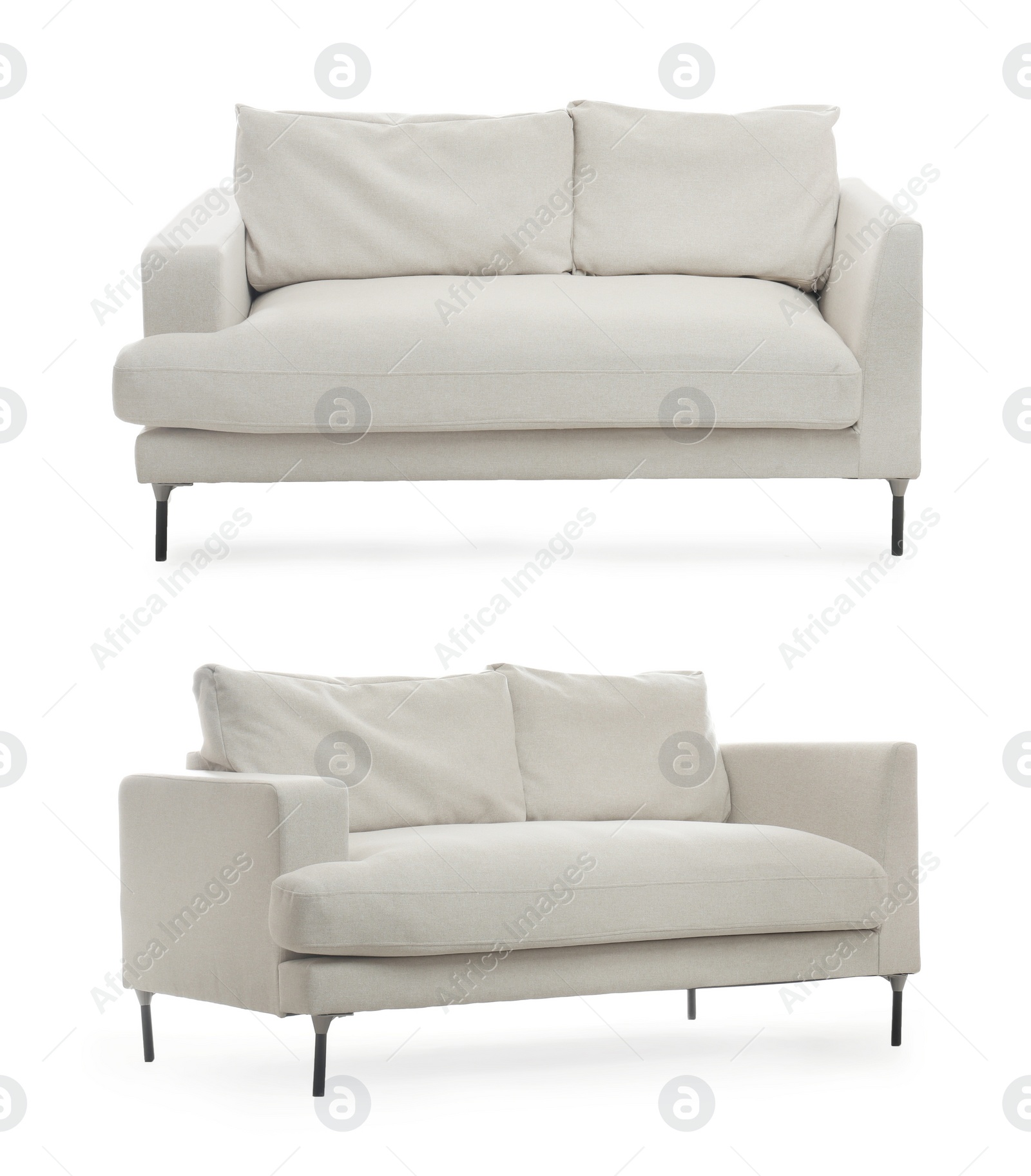 Image of Stylish comfortable light sofas on white background, collage