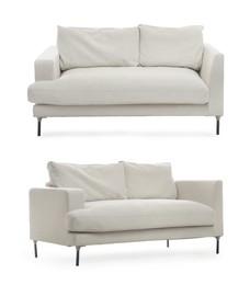 Image of Stylish comfortable light sofas on white background, collage
