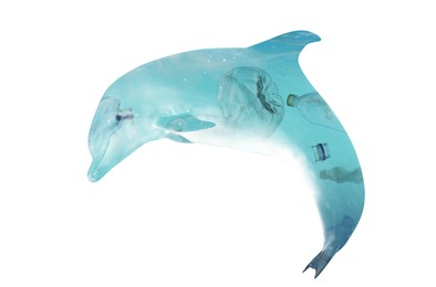 Image of Plastic garbage in ocean and dolphin, double exposure. Environmental pollution