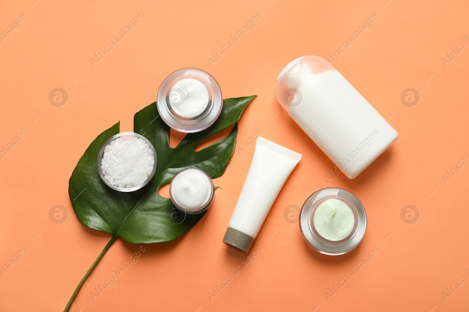 Photo of Different skin care cosmetic products with green leaf on color background, top view