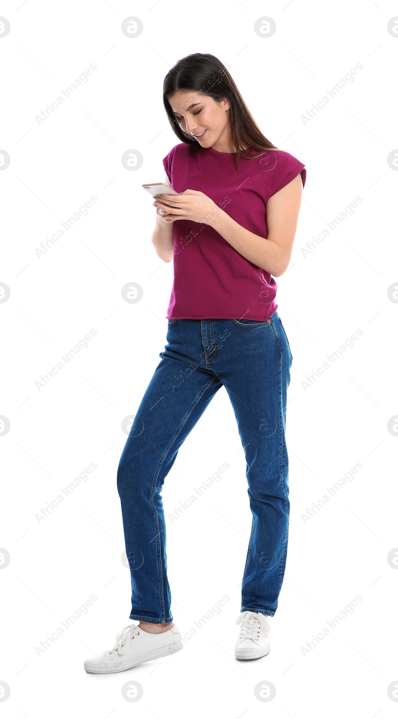 Photo of Beautiful young woman with mobile phone on white background