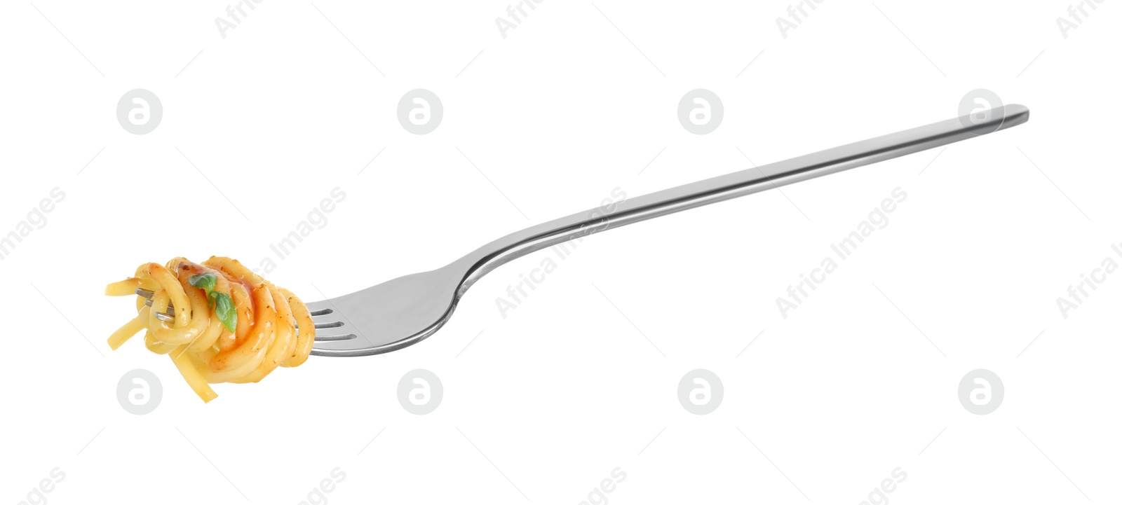 Photo of Fork with tasty pasta isolated on white