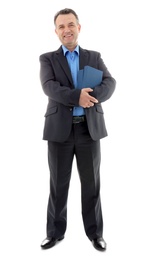 Male teacher with books on white background