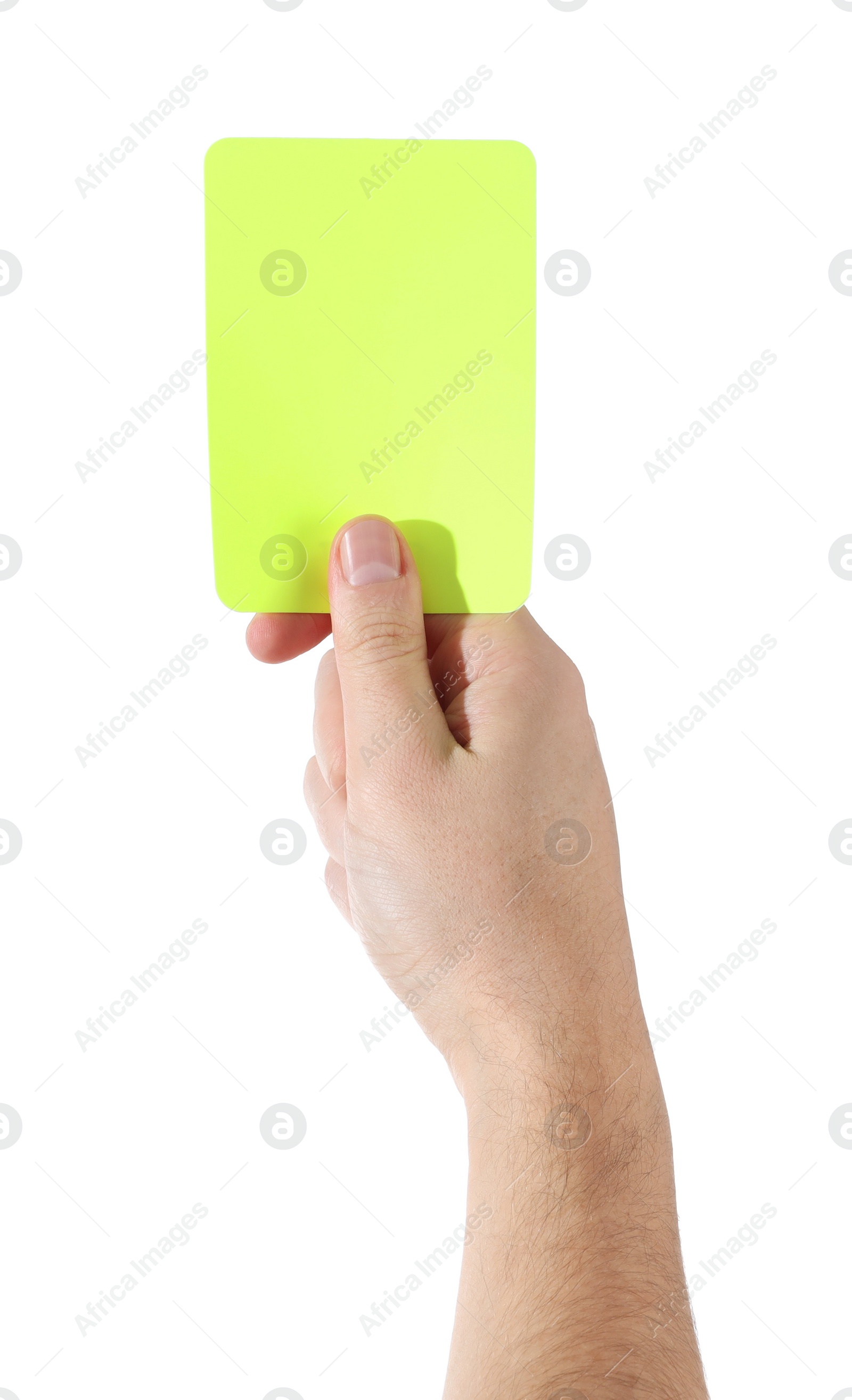 Photo of Referee holding yellow card on white background, closeup