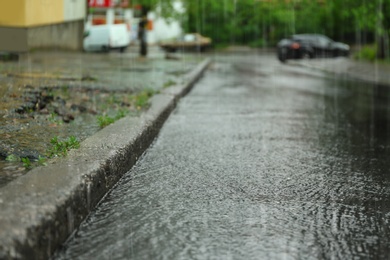 View of city street on rainy day