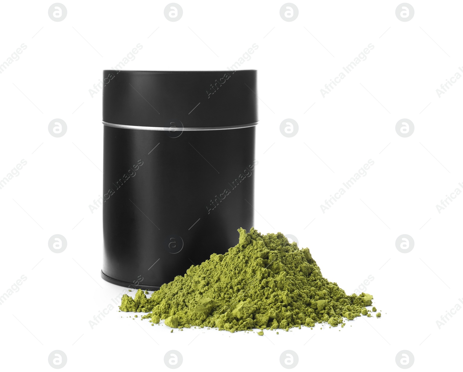 Photo of Jar and powdered matcha tea on white background
