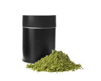 Jar and powdered matcha tea on white background