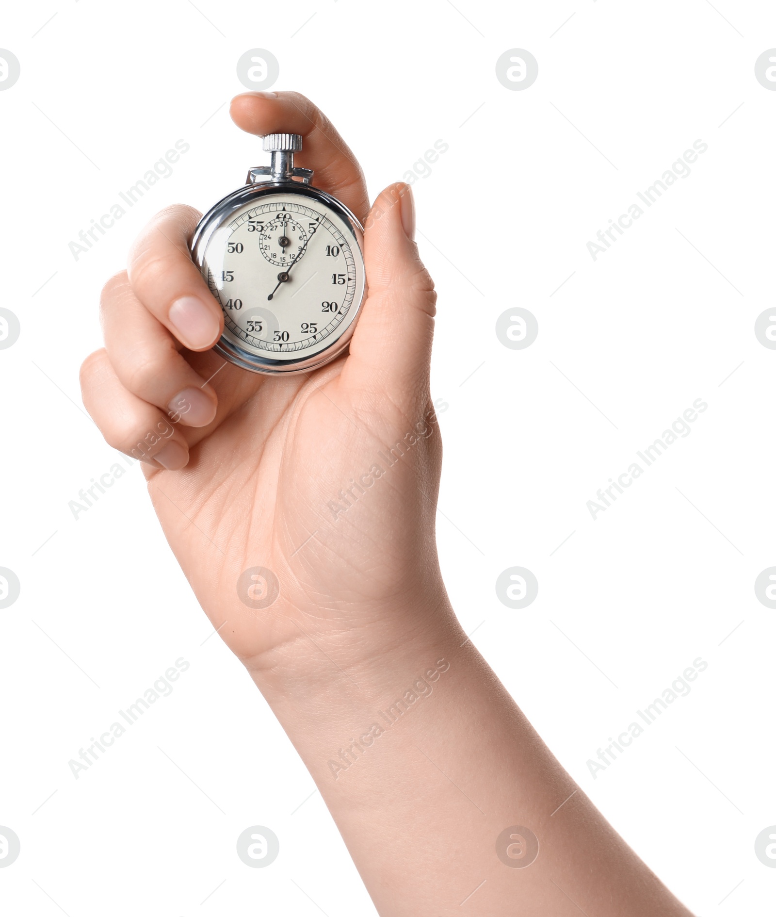 Photo of Woman holding vintage timer on white background, closeup