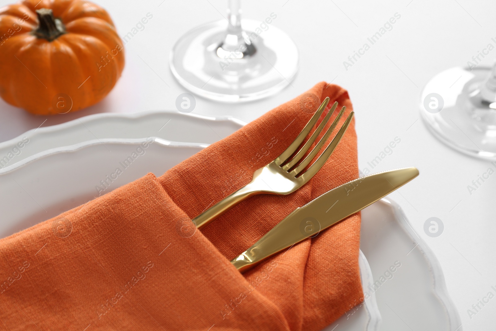 Photo of Elegant table setting on white background, closeup