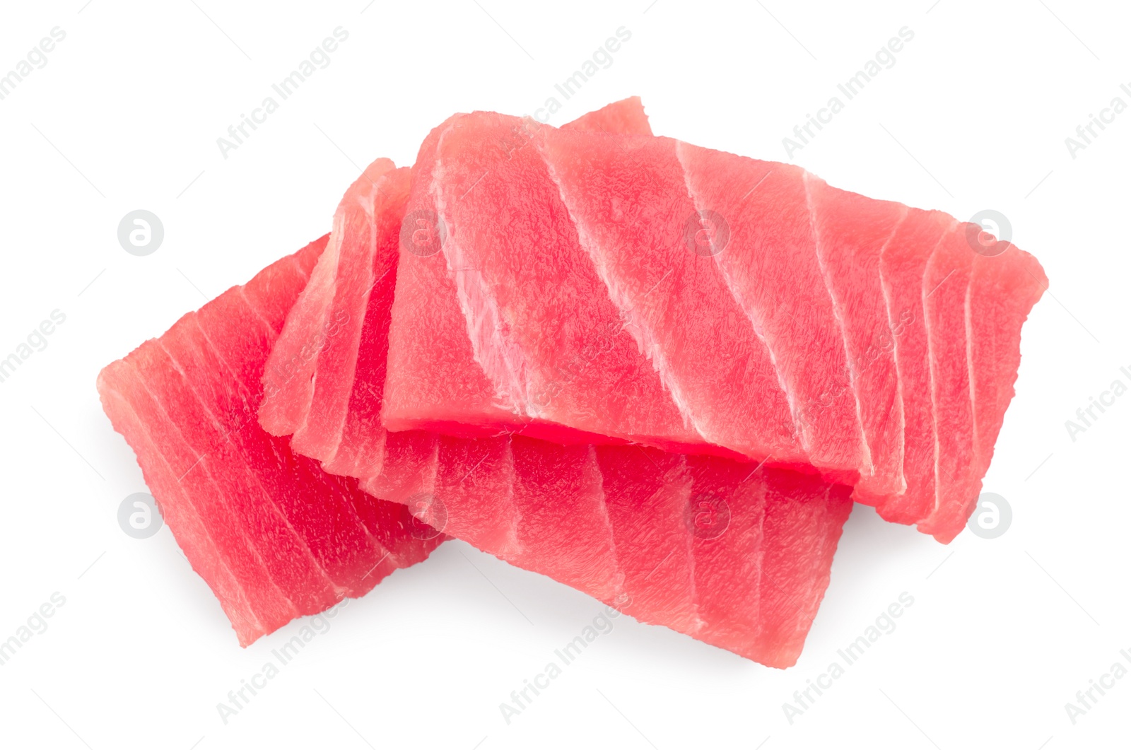 Photo of Tasty sashimi (pieces of fresh raw tuna) on white background, top view