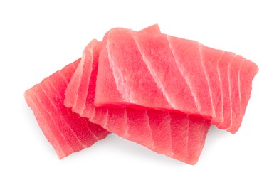 Tasty sashimi (pieces of fresh raw tuna) on white background, top view