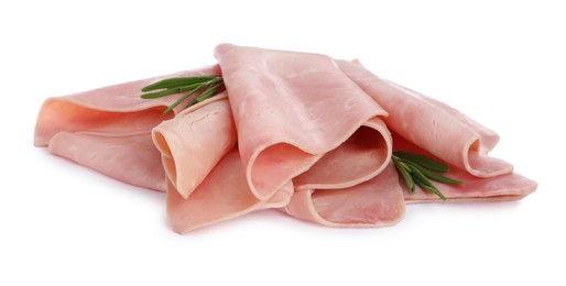 Photo of Delicious ham slices with rosemary isolated on white