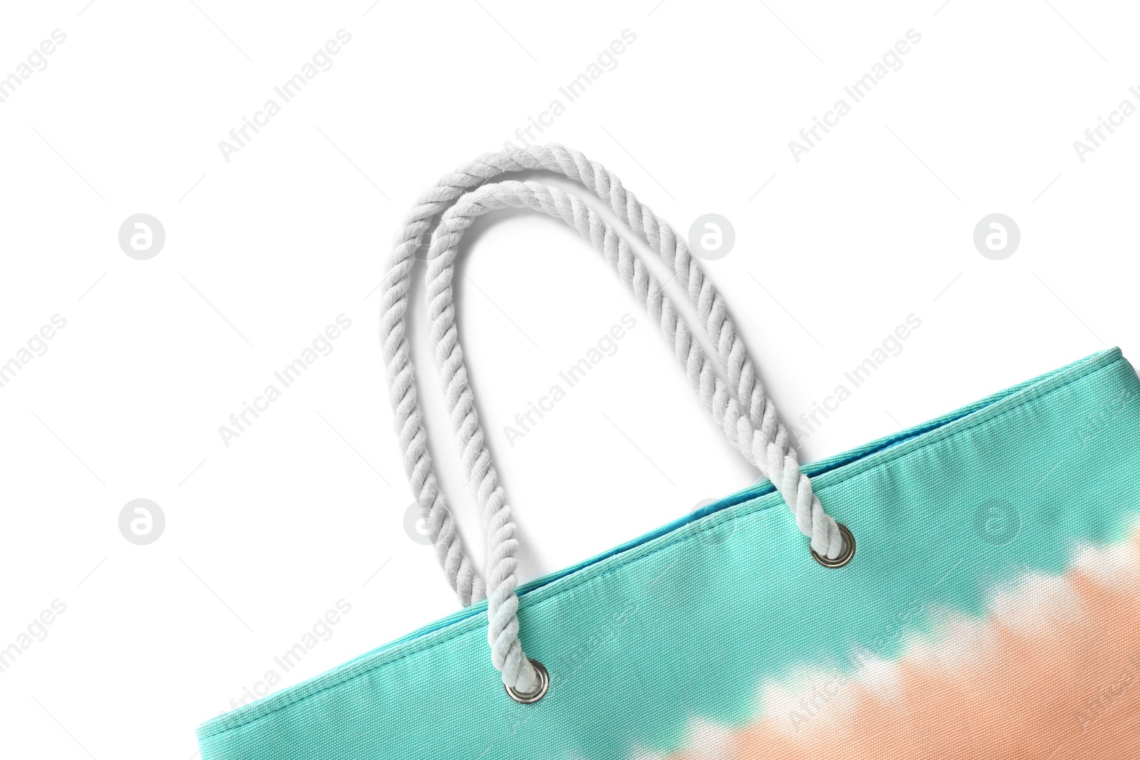 Photo of Stylish bag on white background, top view. Beach accessories