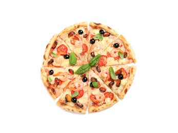 Tasty pizza with seafood isolated on white, top view
