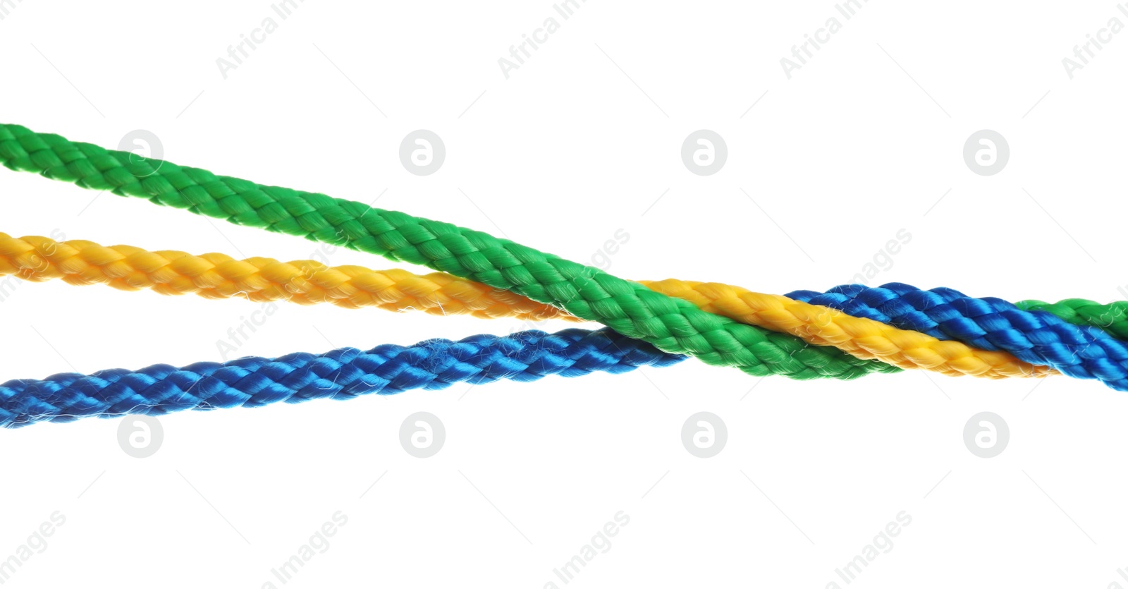 Photo of Twisted colorful ropes isolated on white. Unity concept