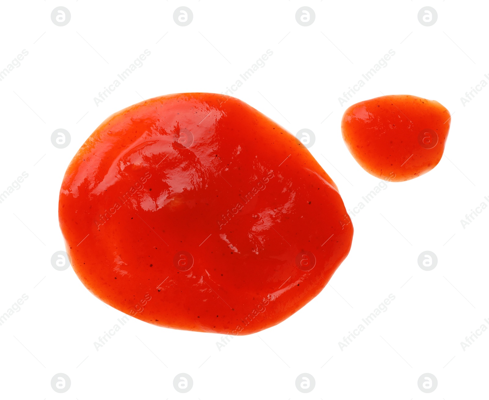 Photo of Tasty tomato sauce isolated on white, top view