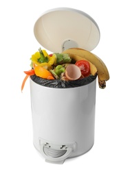 Photo of Trash bin with organic waste for composting on white background