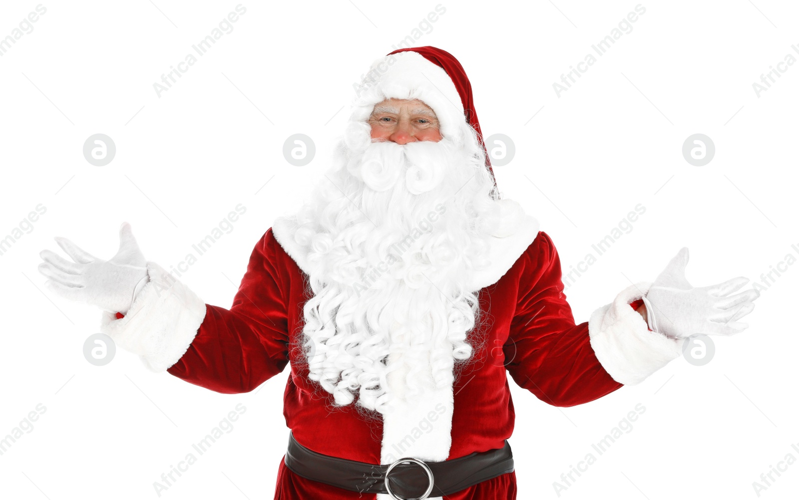 Photo of Happy authentic Santa Claus on white background