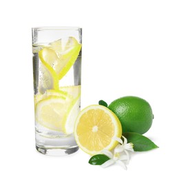 Glass with tasty lemonade and fresh ripe citrus fruits on white background