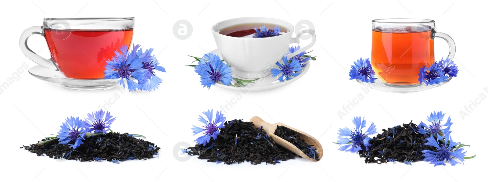 Image of Set with cornflower tea on white background. Banner design