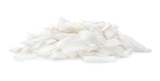 Photo of Fresh coconut flakes on white background