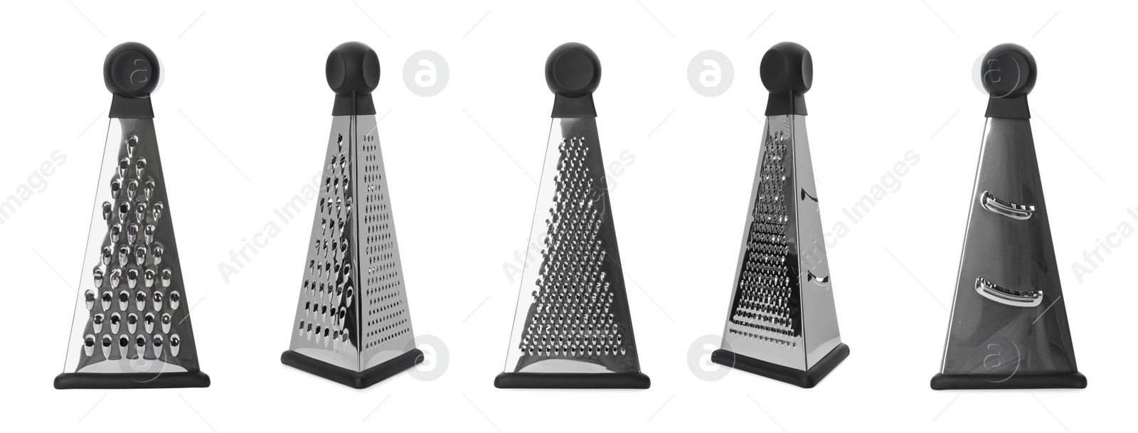 Image of Stainless steel graters on white background, collage. Banner design 