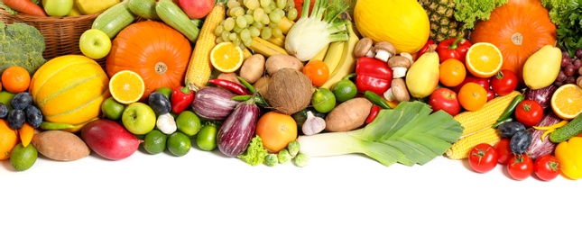 Photo of Assortment of fresh organic fruits and vegetables on white background, top view. Banner design