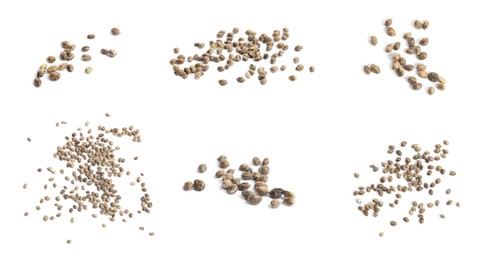 Image of Set with hemp seeds on white background. Banner design