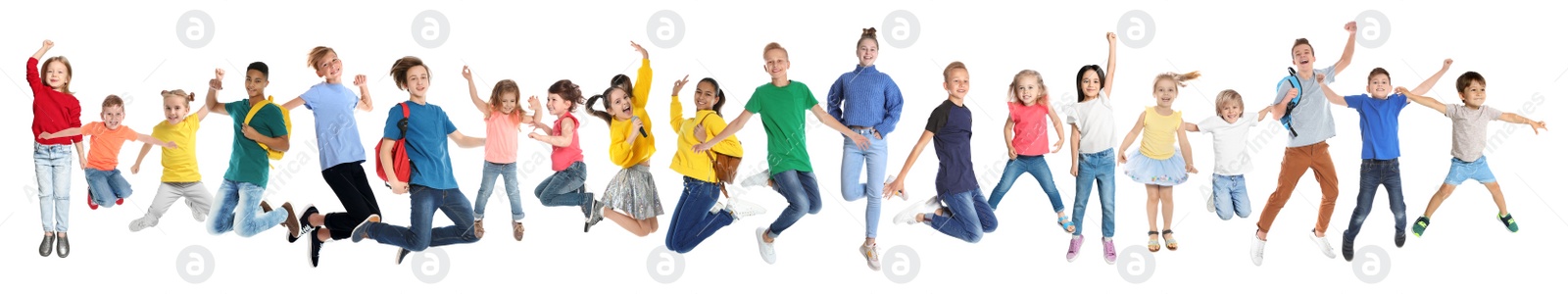 Image of Collage with photos of jumping children on white background. Banner design