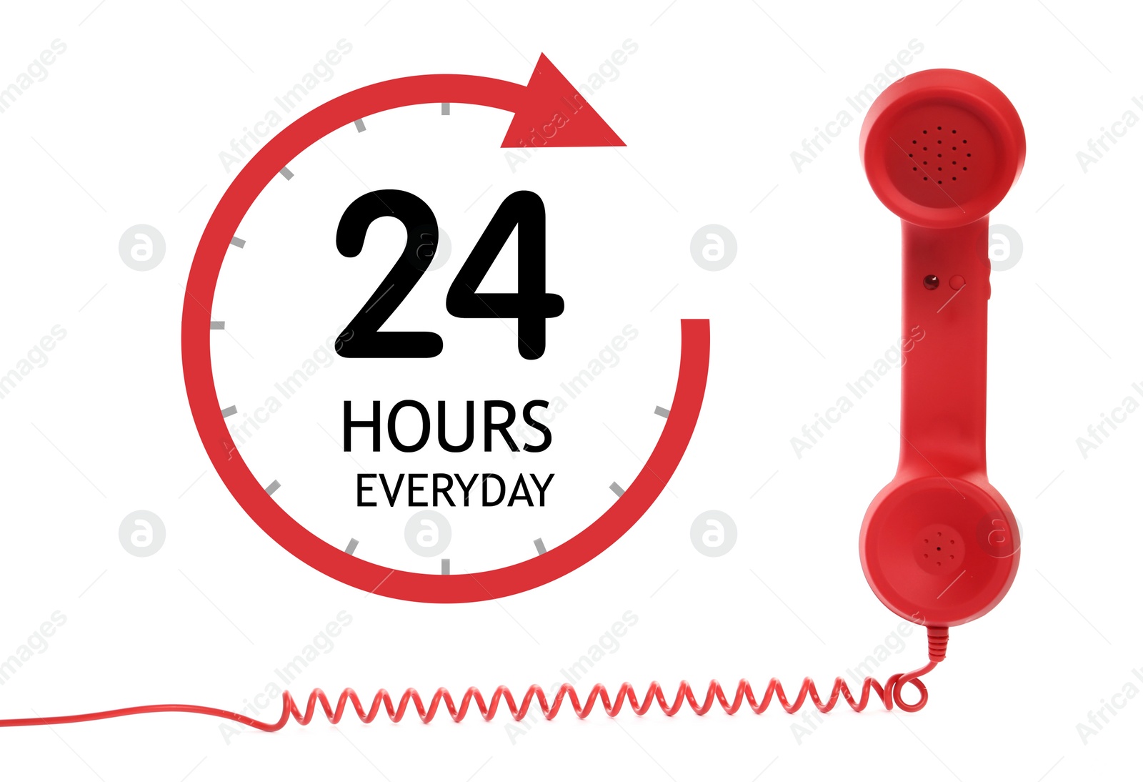 Image of 24/7 hotline service. Red handset on white background 