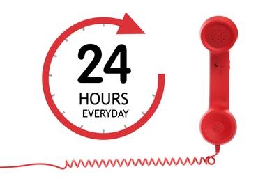 Image of 24/7 hotline service. Red handset on white background 