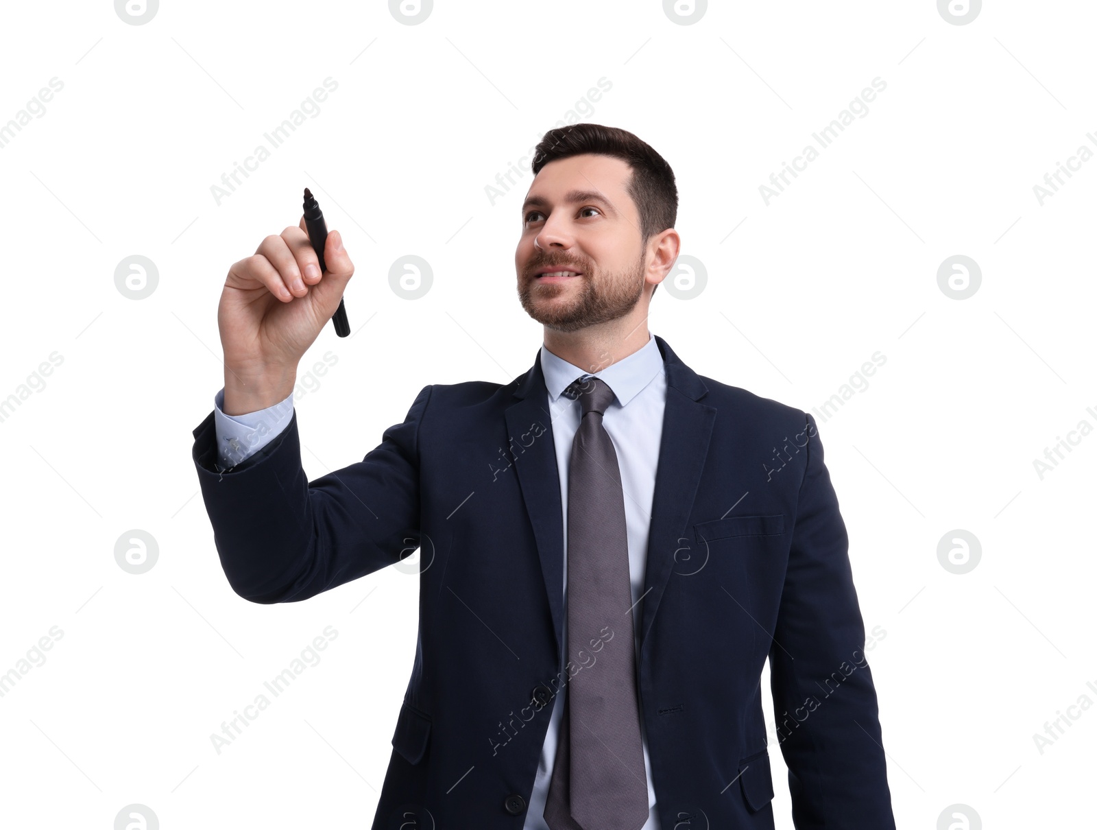 Photo of Handsome bearded businessman in suit with marker on white background