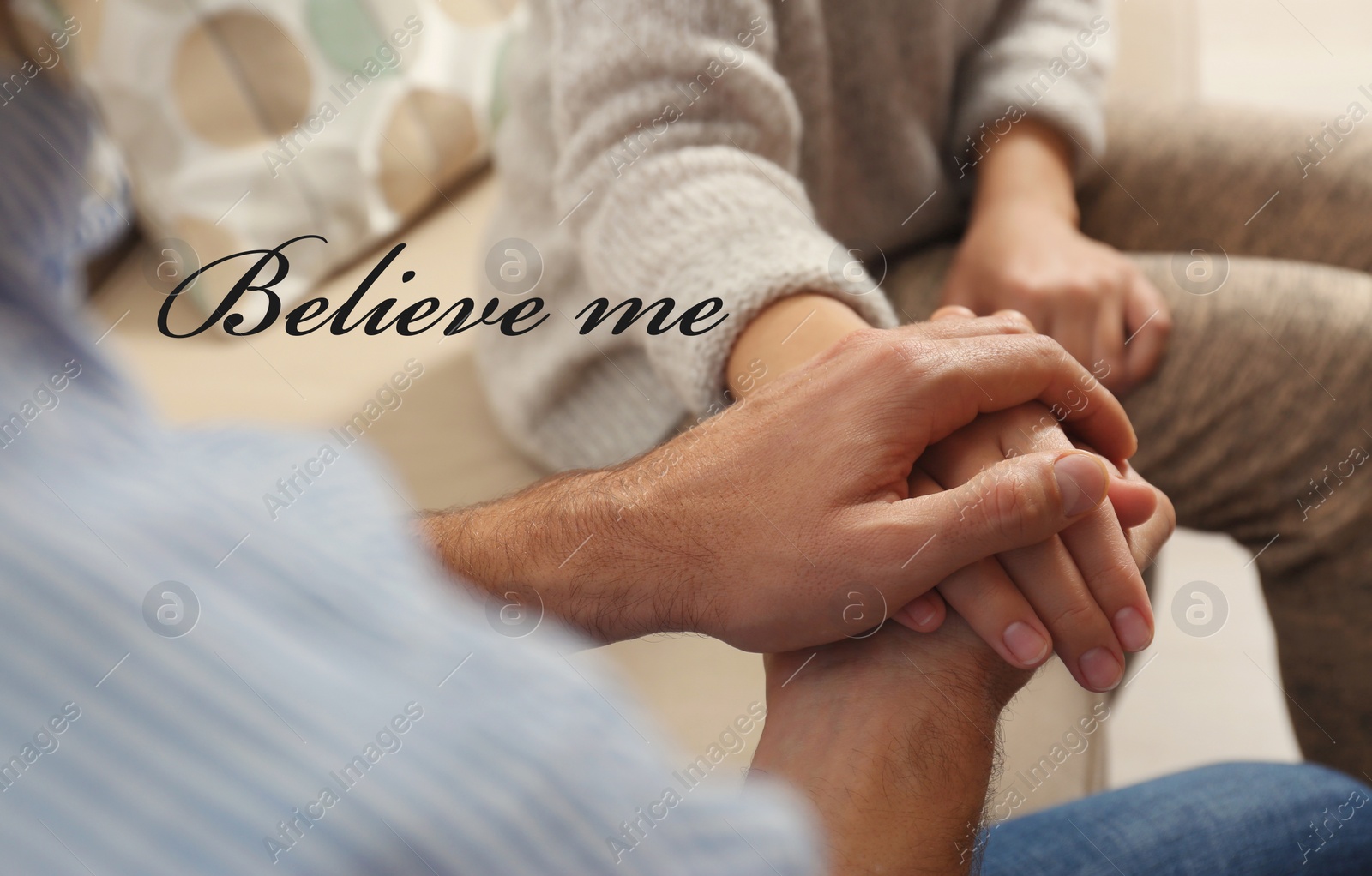 Image of Believe me, affirmation. Man comforting woman, closeup of hands