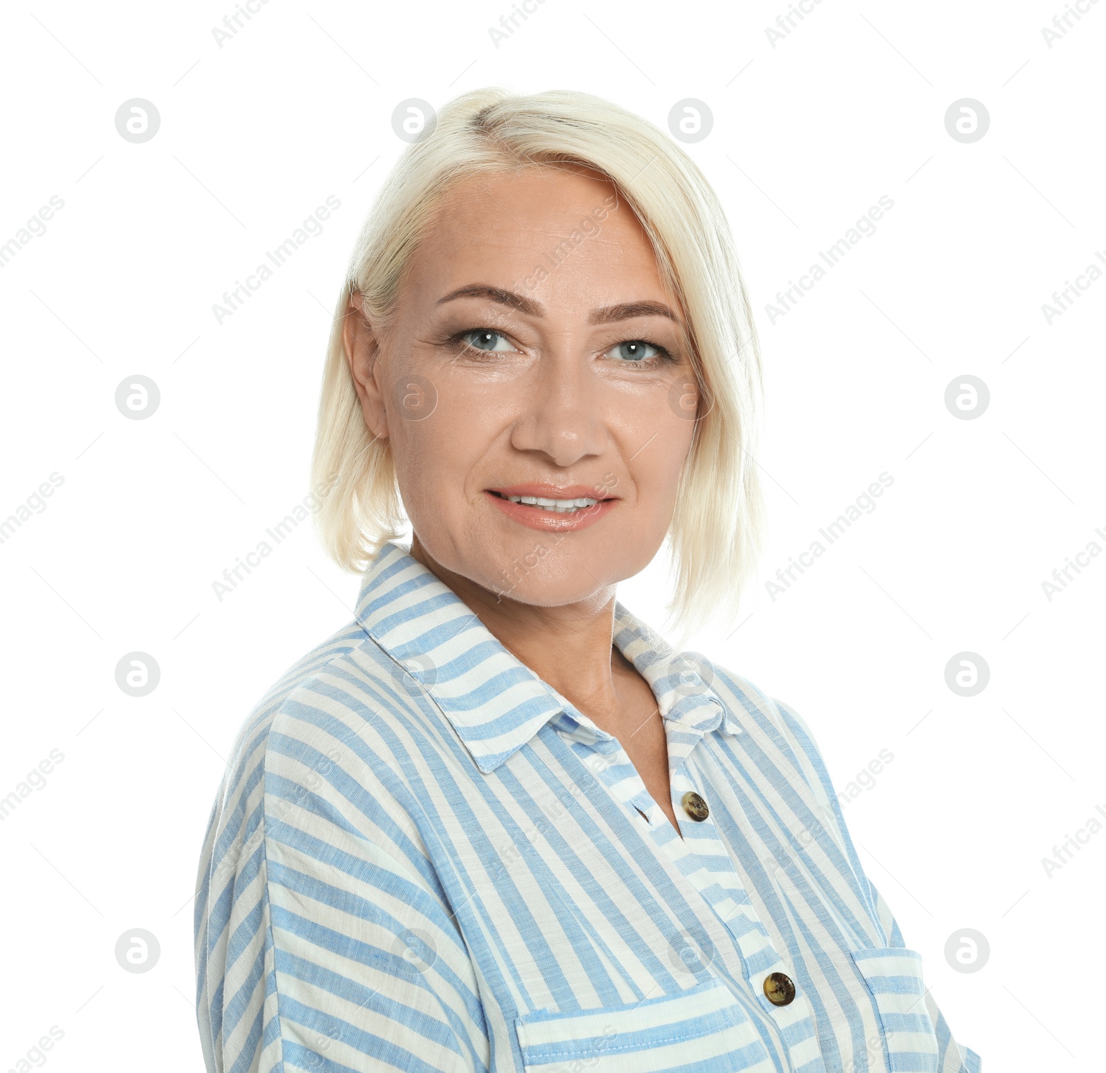 Photo of Portrait of mature woman with beautiful face on white background