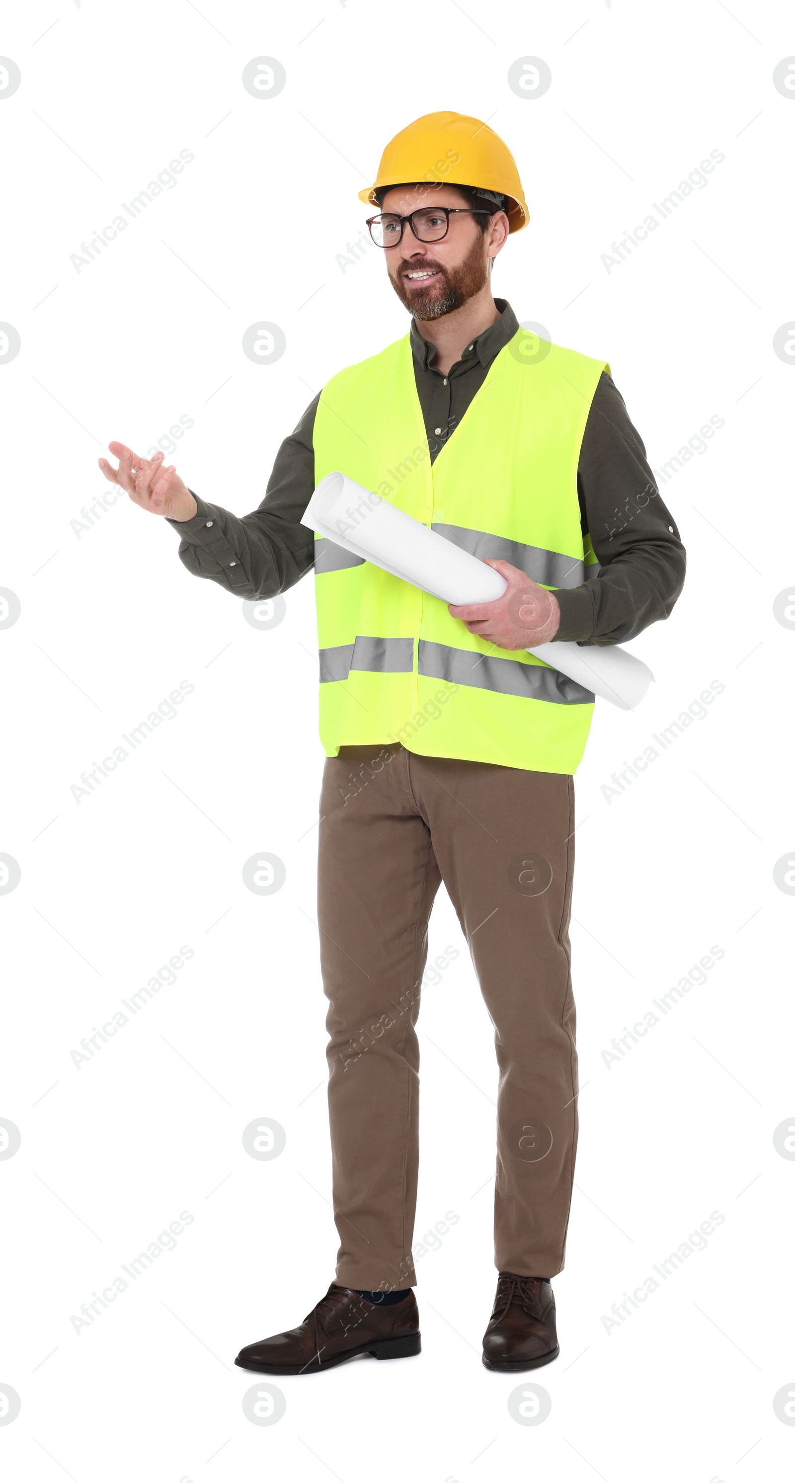 Photo of Architect in hard hat with draft talking on white background