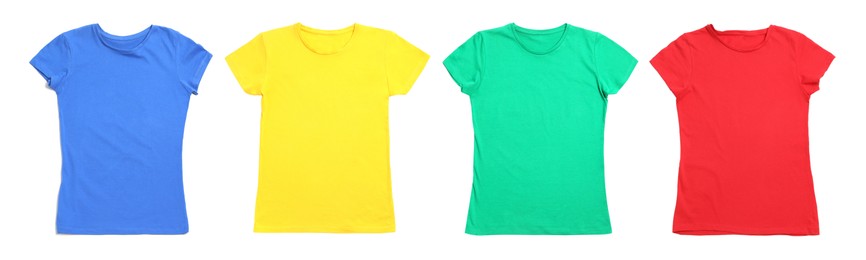 Image of T-shirts of different colors isolated on white. Space for design