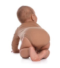 Photo of Cute little baby crawling on white background, back view